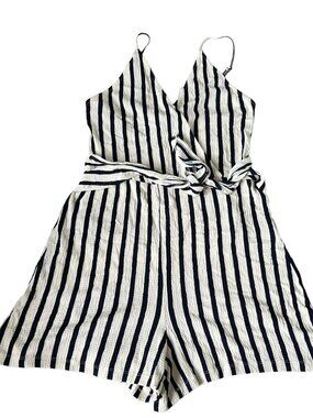 Akira romper sleeveless Large semi sheer smocked white with navy blue stripes